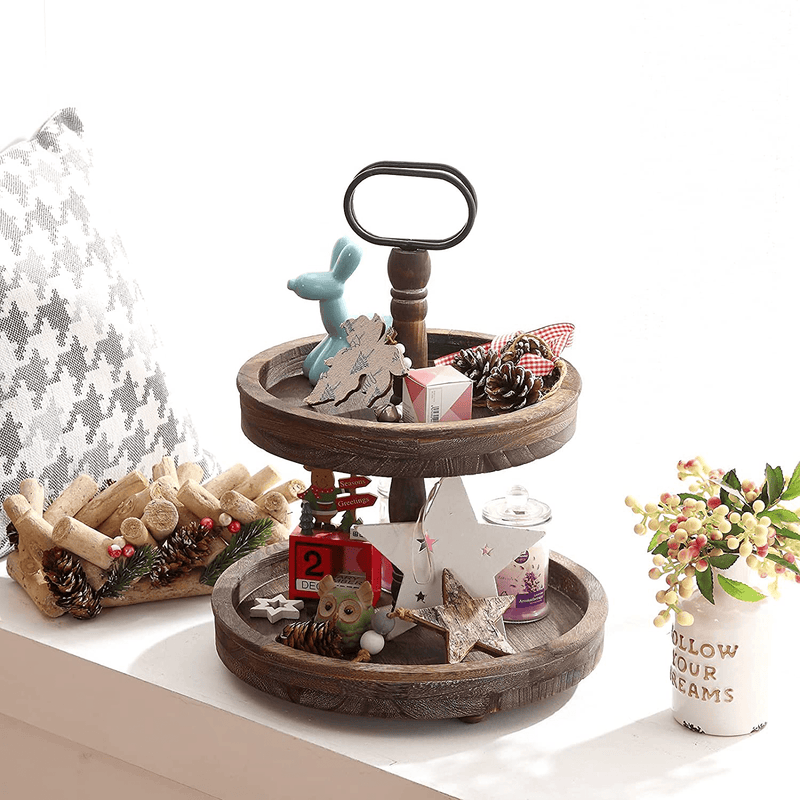 2 Tiered Tray Wooden Decorative Farmhouse Tray, Rustic Two Tier Tray, Kitchen Tabletop Display Food Fruits Afternoon Tea Cupcake Organizer with Metal Handle,for Home Office Living Room (Burnt Color) Home & Garden > Decor > Decorative Trays JI ZHI MEI   