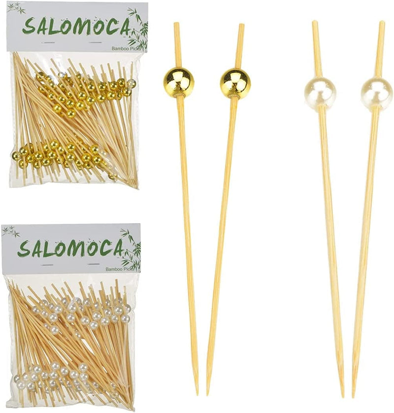 200 PCS Bamboo Cocktail Picks with Multicolor Pearls 4.7 Inch Handmade Wooden Toothpicks Natural Wood Sticks for Party Supplies Drink Appetizers Garnish Skewers (Gold,White） Home & Garden > Kitchen & Dining > Barware SALOMOCA pearl cocktail picks  
