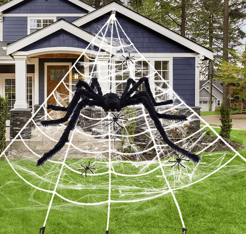 200" Spider Web Halloween Decorations Outdoor Indoor + 59" Huge Big Large Giant Spider + Fake Spider Stretch Cobweb Triangular Haunted Cute Creepy Cheap Lawn Yard Home Costumes Party Scary House Decor Arts & Entertainment > Party & Celebration > Party Supplies Gyothrig Large  