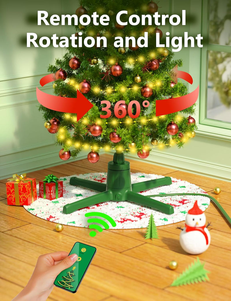 COOLWUFAN 360-Dgree Rotating Christmas Tree Stand for up to 9Ft & 120Lb Artificial Trees, 4 Built-In Power Outlets Base with Remote Control, Sturdy Revolving Holder for 7.5Ft Xmas Tree, Green