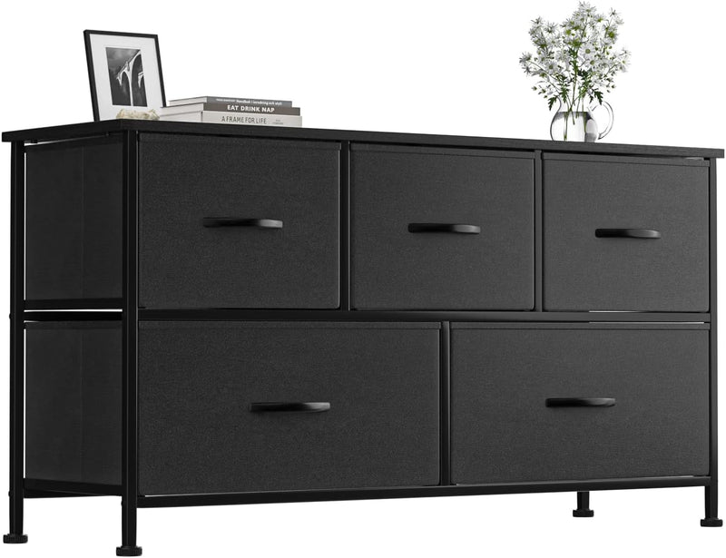 Furmax Dresser for Bedroom with 5 Drawers, Wide Chest of Drawers, Fabric Closet Dresser, Clothing Storage Organizer Unit with Fabric Bins, for Closet, TV Stand, Living Room, Hallway, Black