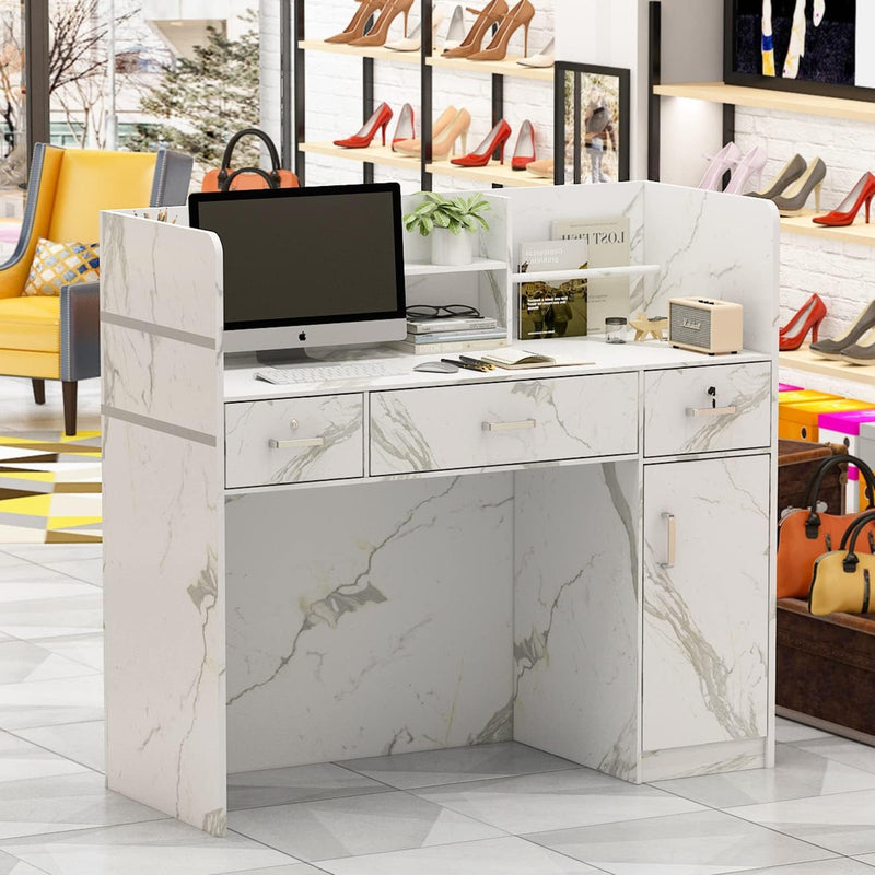 Homsee Modern Reception Desk with 3 Drawers, 1 Door Storage Cabinet & Hutch Shelf, Office Wooden Computer Desk, Writing Study Table PC Laptop Desk, White Marble (47.3" L X 18.3" W X 43.3" H)