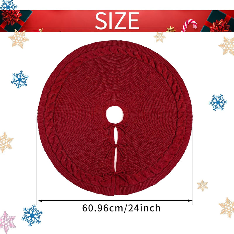 Christmas Tree Skirt, 24 Inches Wine Red Tree Skirts Luxury Cable Knit Knitted Thick Rustic Xmas Holiday Decoration,Home Decor，Dinningroom Christmas Decorations