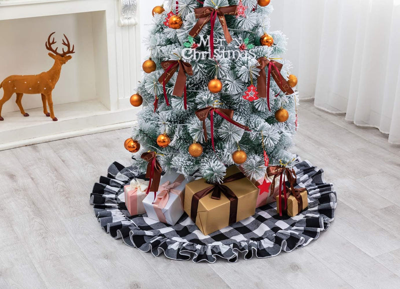 48 Inch Buffalo Plaid Christmas Tree Skirt Large Black White Plaid Tree Skirt Xmas Ornaments for Christmas Holiday Party Decorations (Ruffle-Black White)