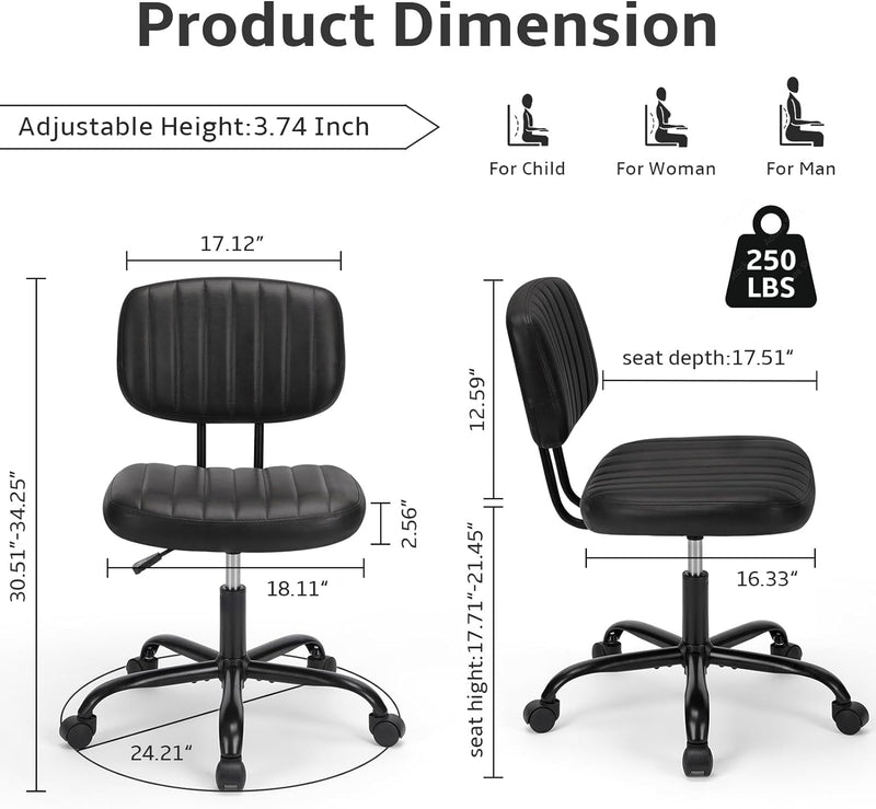 DUMOS Armless Home Office Desk Chair Ergonomic with Low Back Lumbar Support, Height Adjustable PU Leather Computer Task with 360° Swivel Rolling Wheels, for Small Space, Black