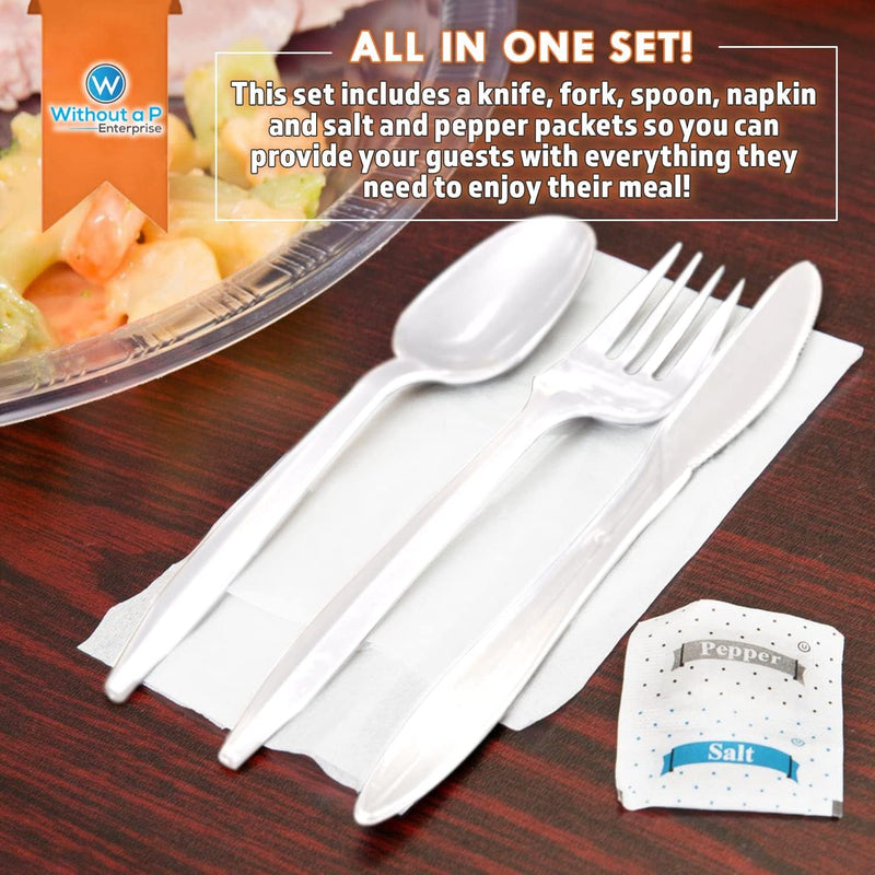 BULK HEAVY WEIGHT Cutlery Individually Wrapped White Plastic Cutlery Knife, Spoon, Fork Pack with Napkin and Salt and Pepper Packets - Extra Strong & Extra Resistant