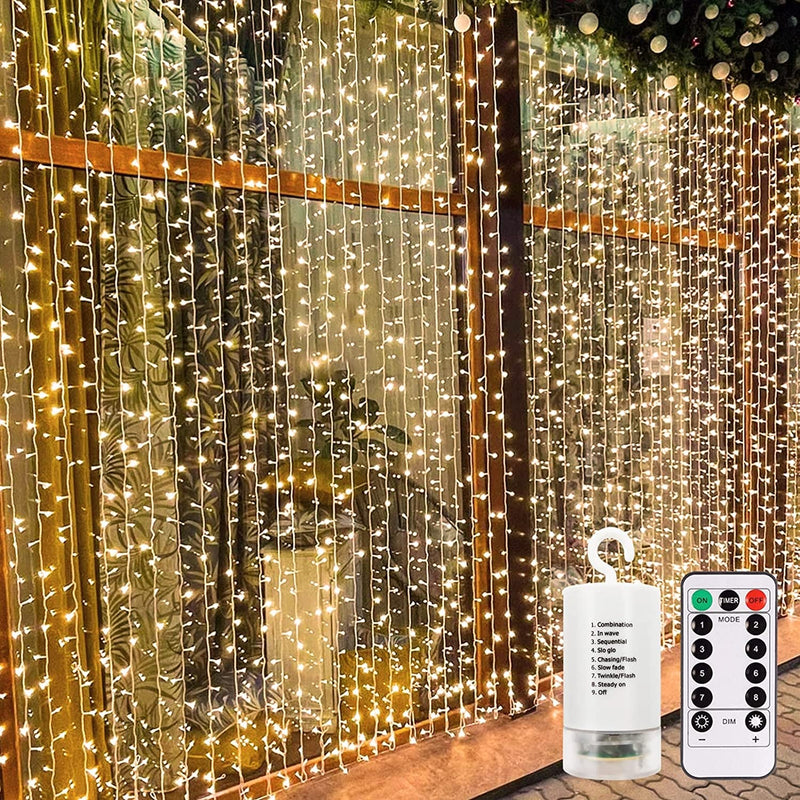 Echosari 300 LED Curtain Lights Battery Operated, 9.8Ft×9.8Ft Hanging Lights with Remote Timer Fairy Curtain Lights for Bedroom Patio Wedding Backdrop Party Decór (Warm White)