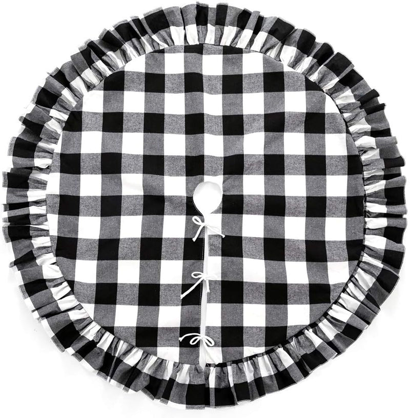 48 Inch Buffalo Plaid Christmas Tree Skirt Large Black White Plaid Tree Skirt Xmas Ornaments for Christmas Holiday Party Decorations (Ruffle-Black White)