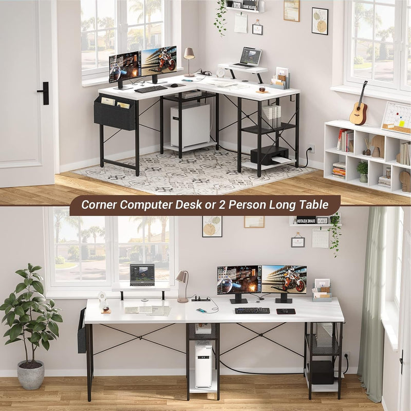 Aheaplus L Shaped Desk with Outlet and USB Charging Ports, L-Shaped Desk with Storage Shelves Reversible Corner Computer Desk 2 Person Long Table with Monitor Stand Gaming Home Office Desk, White