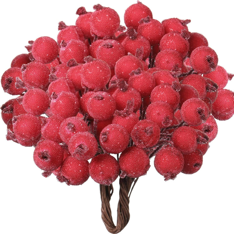 100 Wired Artificial Berry Stems Artificial Flower Decoration 200 Pieces 12Mm Mini Berry Frosted Christmas Fruit, Red