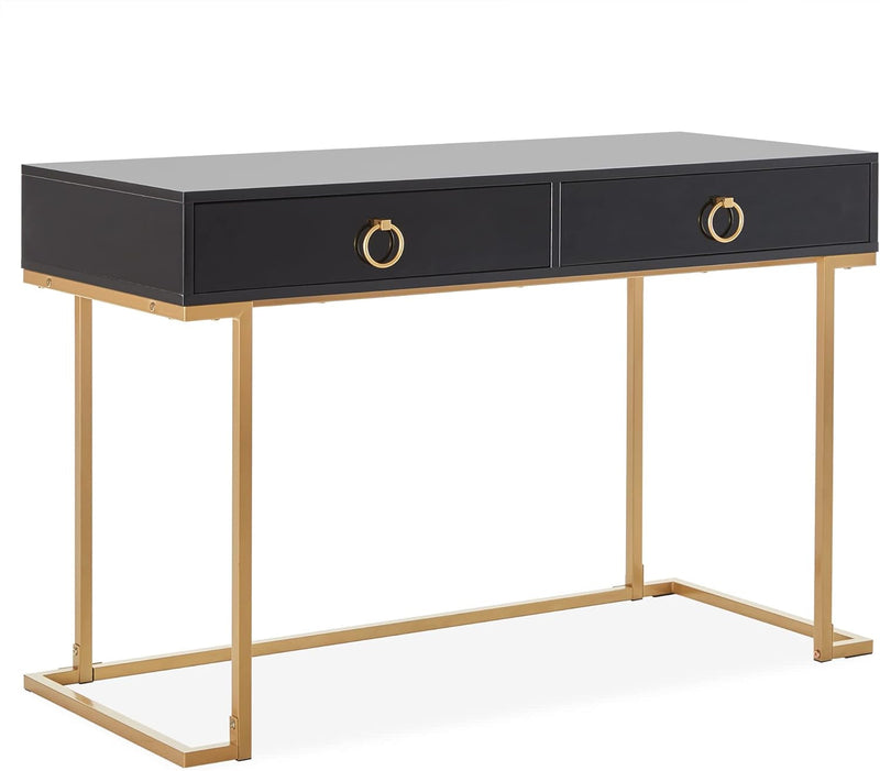 BELLEZE Modern 45 Inch Makeup Vanity Dressing Table or Home Office Computer Laptop Writing Desk with Two Storage Drawers, Wood Top, and Gold Metal Frame - Chelsea (Black)