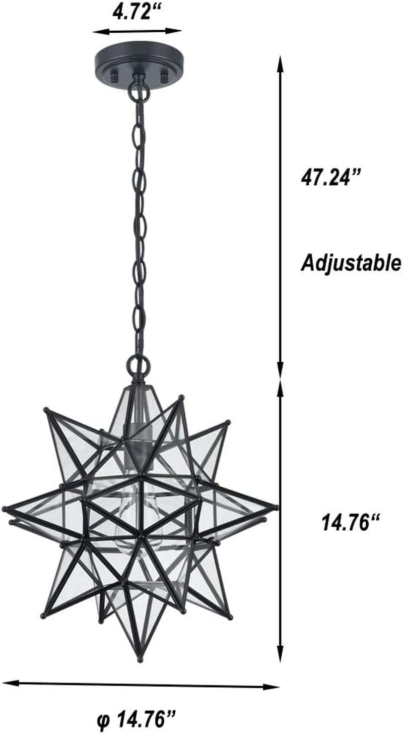 DIRYZON 16“ Modern Moravian Star Pendant Light,Boho Black Pendant Light Fixture,Clear Glass Adjustable Chain