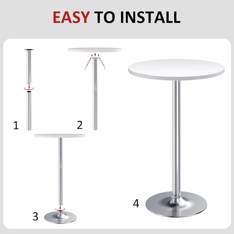 Furmax Bistro Pub Table round Bar Height Cocktail Table Metal Base MDF Top Obsidian Table with Silver Leg 23.8-Inch Top, 39.5-Inch Height, White