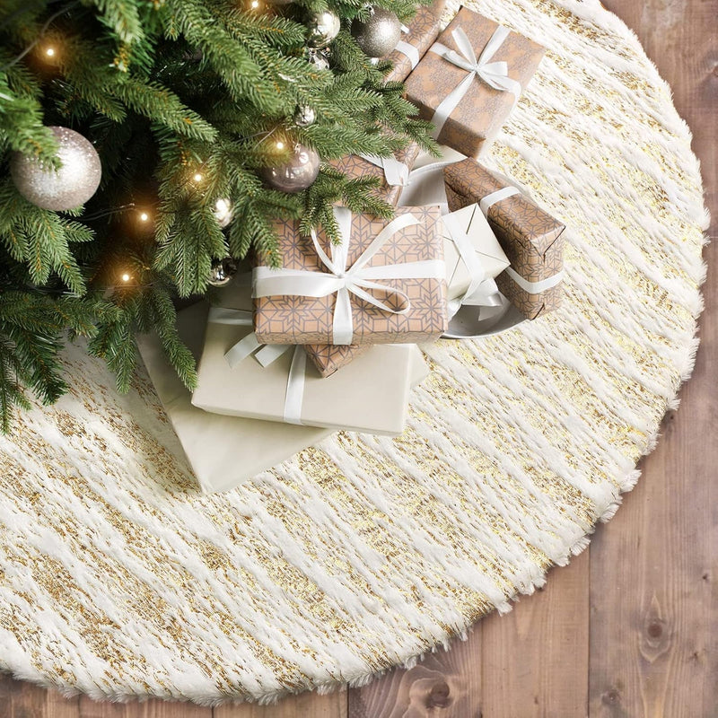 Alynsehom Christmas Tree Skirt, Large White&Gold Bronzing Luxury Faux Fur Tree Skirt Soft Thick Plush Xmas Tree Skirt for Family Holiday Christmas Party Tree Decorations(Gold,36Inch/90Cm)