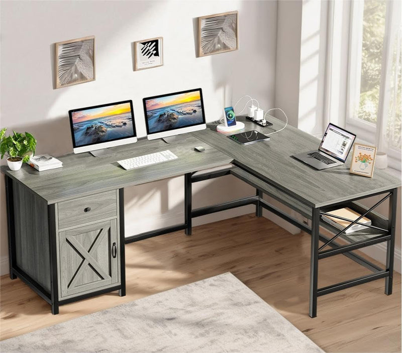 4 EVER WINNER L Shaped Desk with Storage Drawer&Shelves, 63” Farmhouse Corner Computer Desk with Barn Door Cabinet&Power Outlets, Large Executive Office Desk Table for Writing&Work, Grey