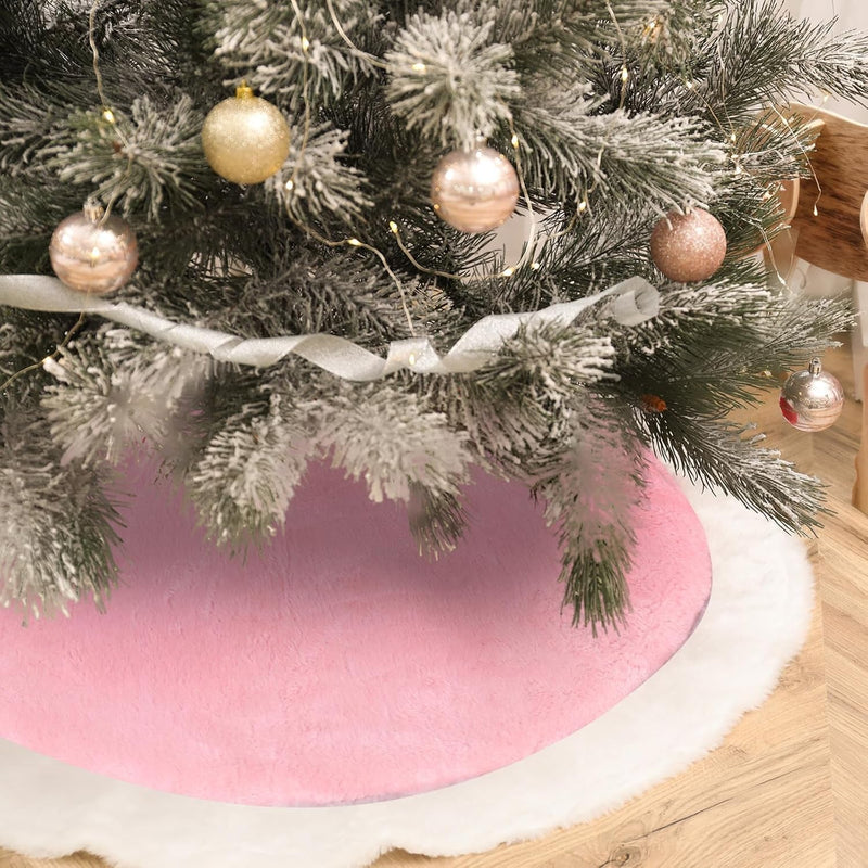 Faux Fur Christmas Tree Skirt Plush Xmas Tree Skirts for Christmas Holiday Decorations (Pink and White, 31.5 Inch)