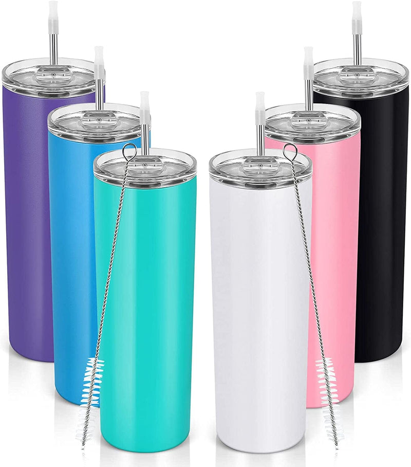 20Oz Stainless Steel Skinny Tumbler, 6 Pack Double Wall Insulated Tumblers with Lid and Straw, Water Tumbler Cup, Slim Vacuum Travel Tumbler for Coffee Wine Drinks Tea Beverages Home & Garden > Kitchen & Dining > Tableware > Drinkware Pknoclan 6-Purple Blue Mint White Black Pink 6 