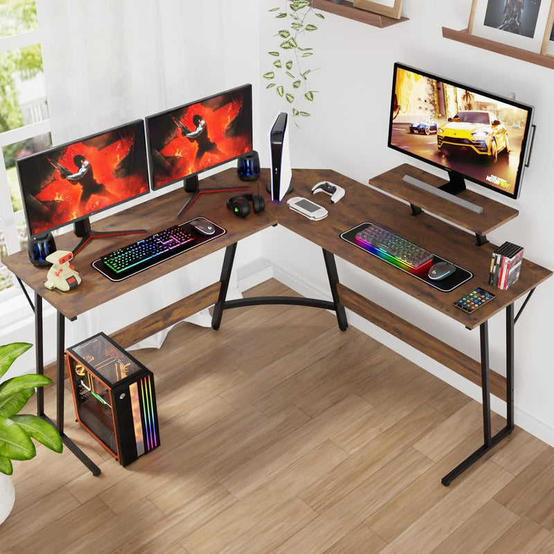 BLKMTY L Shaped Desk PC Gaming Desk Computer Desk with Monitor Stand Large Desktop Studying Executive Table Corner Desk Office Computer Table for Home Office Sturdy Writing Workstation, Brown