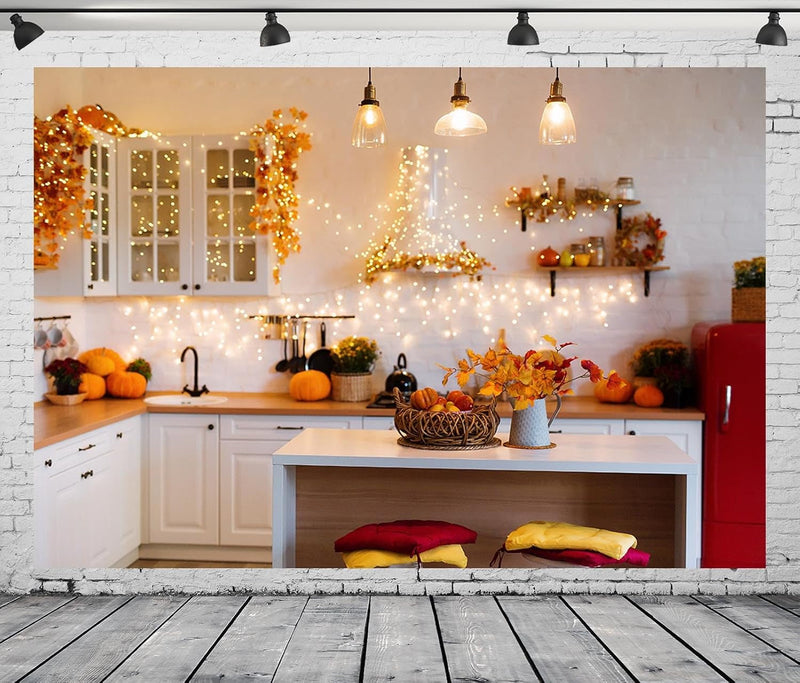 BELECO 7X5Ft Fabric Thanksgiving Kitchen Backdrop Autumn Pumpkin Maple Leaves White Cabinet Kitchen Cooking Tools Modern Kitchen Background Fall Thanksgiving Themed Party Decoration Photo Studio Prop