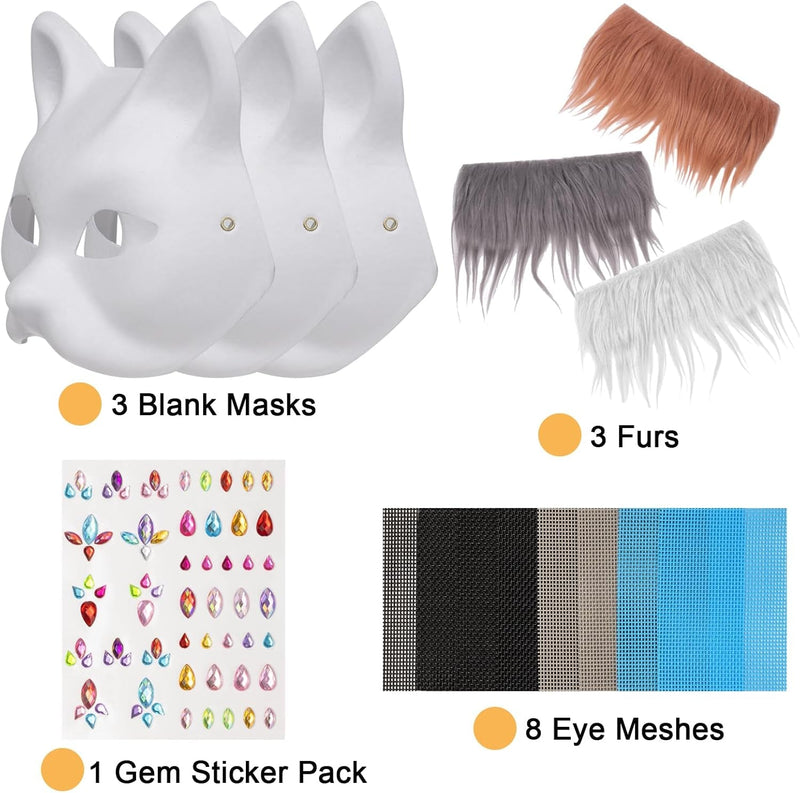 Cat Fox Mask 3PCS with Furs Eye Meshes and Gem Stickers, Therian Dress up Masks to Paint, Animal Mask Arts Crafts Kit, Costume Masks for Halloween Masquerade Cosplay Party Interaction