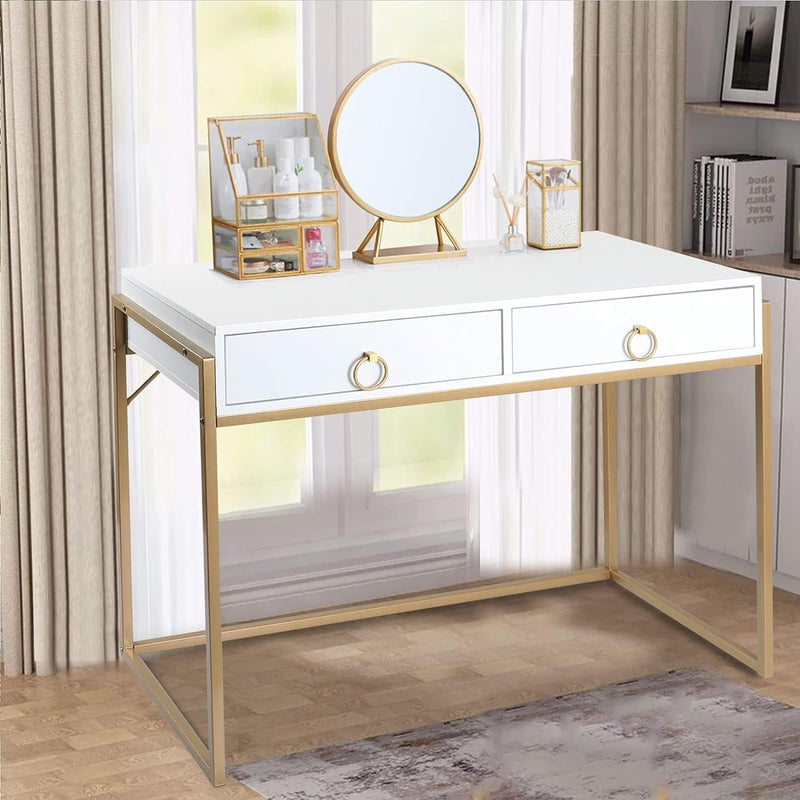 Anmytek Home Office Writing Desk 2 Drawers Storage, Contemporary Makeup Vanity Table Study Desk, W/Matte White and Gold Finish Frame D0003