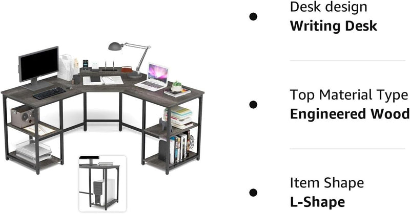 Elephance L-Shaped Desk with Shelves, Computer Corner Desk, Home Office Writing Workstation, Gaming Desk PC Laptop Table with Storage