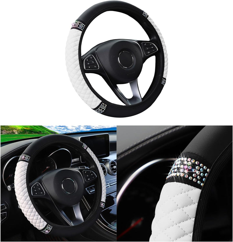 Bling Car Steering Wheel Cover, 15 Inch Rhinestones Soft Leather Elastic Steering Wheel Protector, Sparkly Crystal Diamond for Women Girls, Car Interior Accessories for Most Cars (Black)