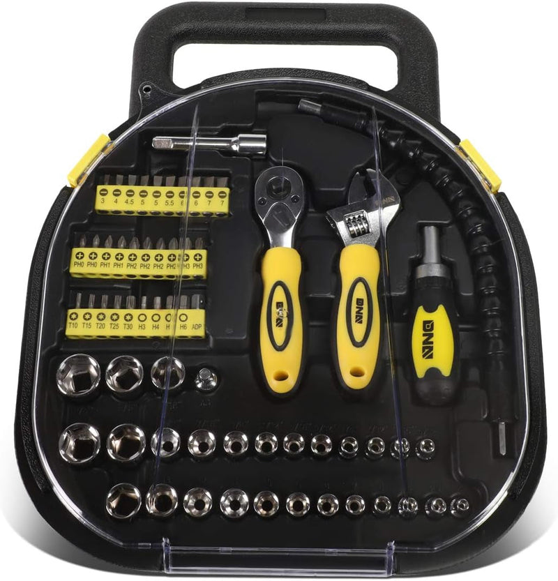 DNA Motoring TOOLS-00029 16 Piece Mechanic'S Home Repair Tool Set with Carrying Case, Includes Pliers, Wrench, Hex Key, Screwdriver, Spirit Level, and Tape Measurer, 1 Set, Yellow/Black