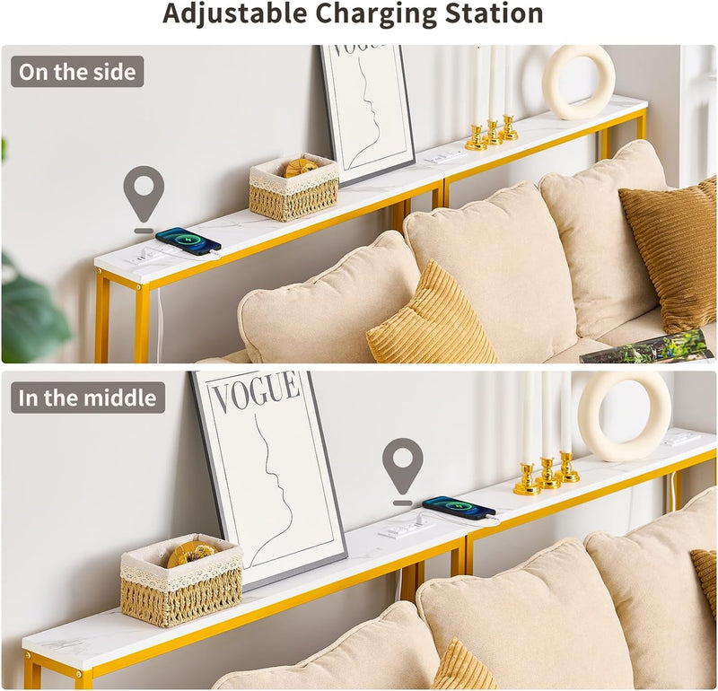 ELYKEN 2 Pack 5.9" Narrow Console Sofa Table with Power Outlets and USB Port, 5.9" Dx39.4 Wx31.1 H Marble Texture Skinny Couch Table with Golden Metal Frame