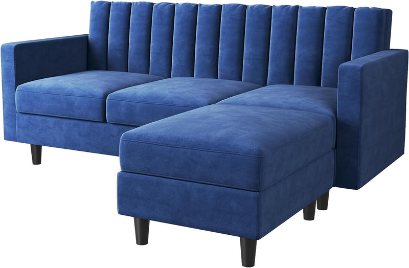 HONBAY Convertibel Sectional Couch for Small Space, L Shaped Couch with Reversibel Chaise, Velvet Sectional Sofa, Pet-Friendly Sectional Couch, Blue