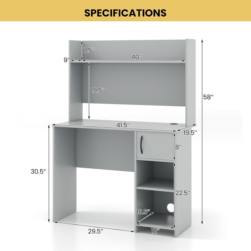 COSTWAY Computer Desk with Hutch, Home Office Desk with Adjustable Shelf, Modern Writing Table, PC Desk with CPU Stand & Door Cabinet, 2 Cable Management Holes, Workstation for Bedroom, Study, Office