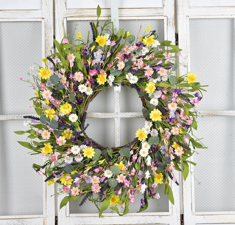 24Inch Artificial Daisy Flower Wreath -Spring Floral Wreath Fake Flower Wreath Spring/Summer Wreath for Front Door Home Decor