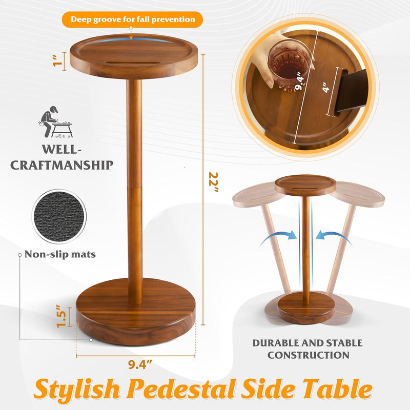 BLUEWEST Pedestal Side Table, Acacia Weighted Base Drink Table, Small round Side Table for Small Spaces with Phone Holder, Martini and Cocktail Pedestal End Table, Mini Pedestal Table