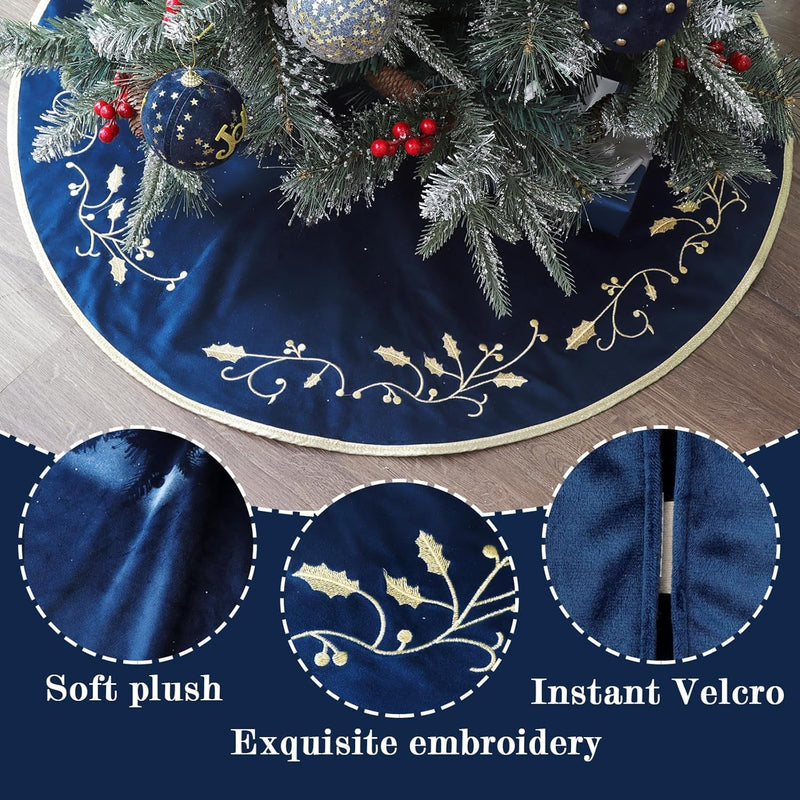 Christmas Tree Skirt, 36 Inches Large Velvet Fur Plush Blue Tree Skirt, Xmas Tree Skirts with Gold Embroidered Holly Leaf for Merry Christmas Party Christmas Tree Decorations