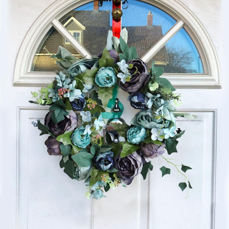 Artificial Peony Flower Wreath Door Wreath with Green Leaves Spring Wreath for Front Door, Wedding, Wall, Home Decor Blue