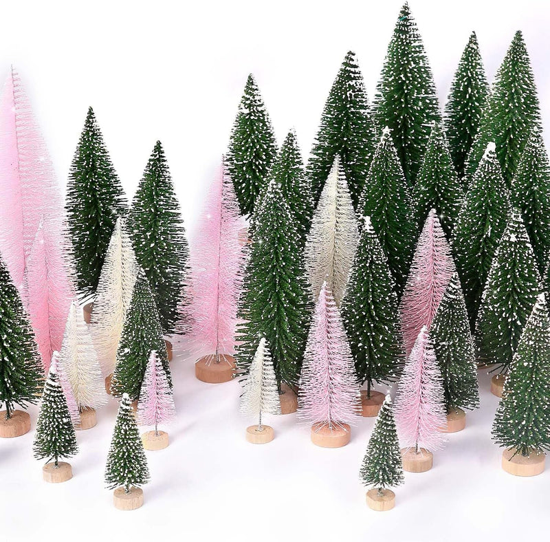 30Pcs Mini Christmas Trees Artificial Christmas Tree Bottle Brush Trees with Wooden Base for Christmas Decor Christmas Party Home Table Craft Decorations(Green+Silver+White)