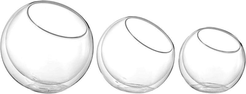 Double Wall Glass Slant Bowls Dia 6/5/4.5 Inch, Glass Terrarium, Globe Plant Vases, Candle Holders, Candy Jar Set of 3