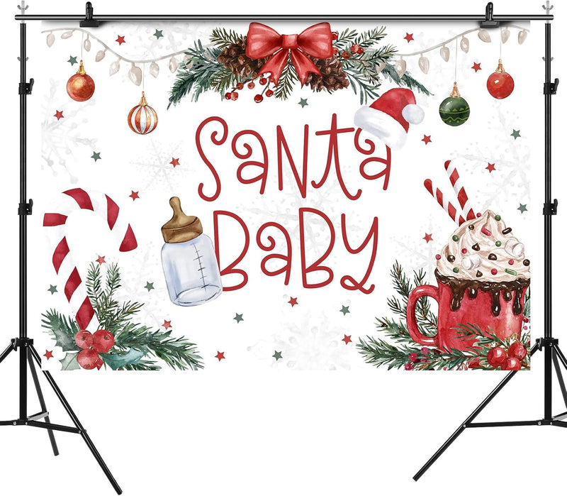 Christmas Baby Shower Backdrop Santa Baby Christmas Photography Background for Kids Newborn Xmas Baby Shower Party Decorations Supplies Cake Table Banner Photo Booth Studio Props 7X5Ft