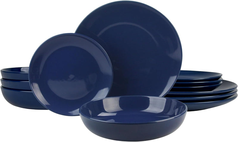 12 Piece Coupe Stoneware Dinnerware Set with Dinner Bowl, Service for 4, Cobalt Blue