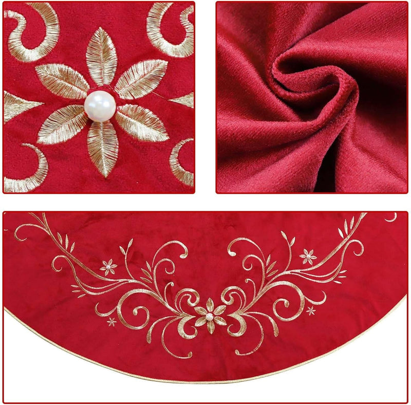 Christmas Tree Skirt, 48 Inches Baroque Large Velvet Fur Plush Red and Burgundy Tree Skirt, Classic Tree Skirts with Traditional Gold Iris Embroidered for Holiday Decorations