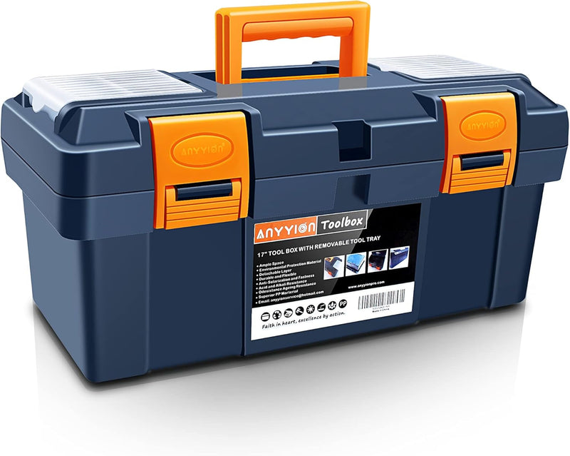 Anyyion 16.5-Inch Tool Box with Removable Tray, Small Parts Box on the Lid Is Removable, Tray Can Be Removed and Combined at Will (Blue)