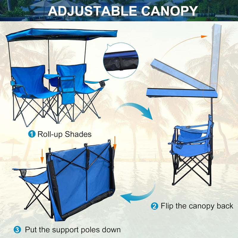 Double Camping Chair with Canopy Shade Beach Chairs with Cup Holder Heavy Duty Folding Loveseat for outside Lawn Patio