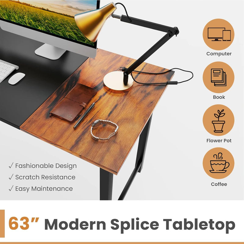 COSTWAY 63” Computer Desk, Modern Home Office Desk, Sturdy Steel Frame Writing Desk with Spacious Splice Desktop, Simple Laptop Desk for Study, Office, Dining Room, Simple Installation