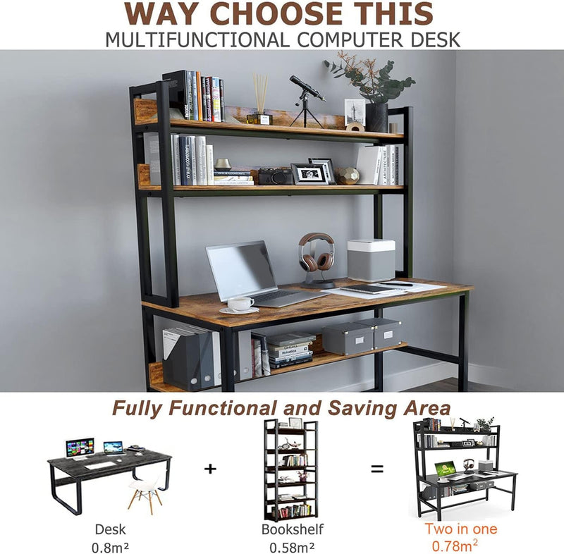 Aquzee Computer Desk with Hutch & Shelves, 47In Wide Desk with Bookshelf, 47“W X 23.6“D X 65“H Tall Home Office Desk, Metal Legs Study Table with Upper Storage Shelf for Study Writing/Workstation