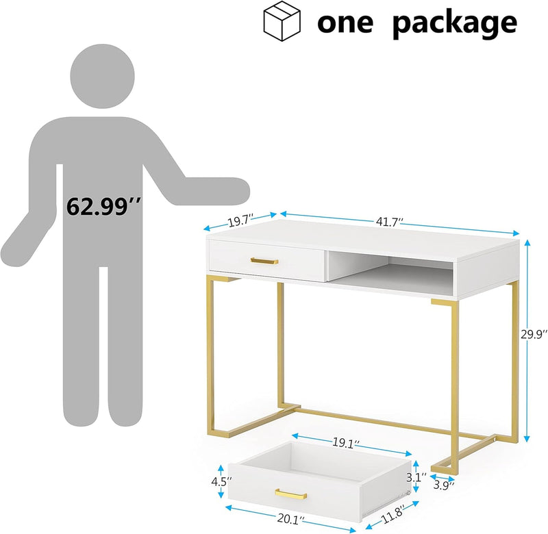 Computer Desk with 2 Drawers, Modern Study Writing Table with Storage for Home Office White+Gold Not Included Mirror