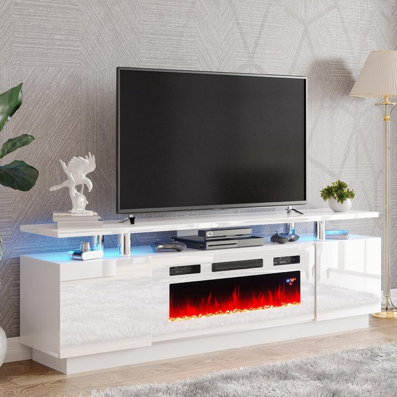 AMERLIFE Fireplace TV Stand with 36" Fireplace, 70" Modern High Gloss Fireplace Entertainment Center LED Lights, 2 Tier TV Console Cabinet for Tvs up to 80", Cement Grey
