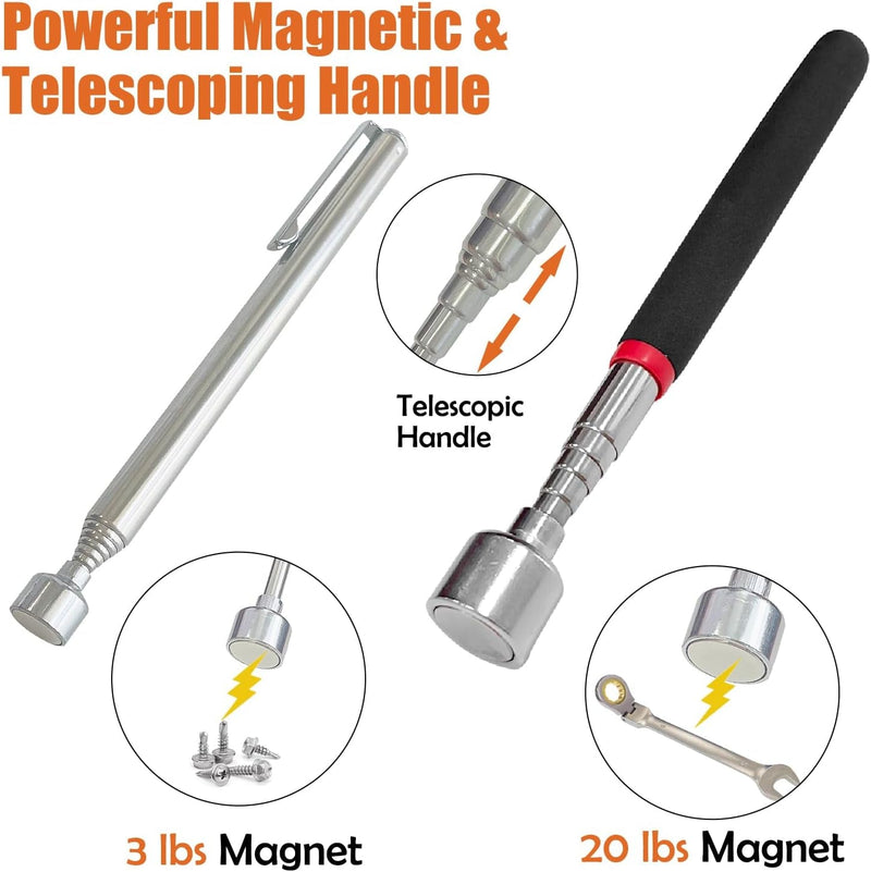 4 Pcs Magnetic Telescoping Pick-Up Tool Kit, 3LB / 8LB/ 20LB Extendable Pick-Up Rod with 360 Swivel Adjustable Inspection Mirror, LED Light Magnet Tool for Screws Nuts Pins