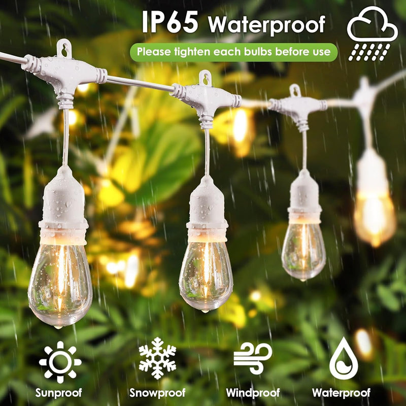 48FT Outdoor String Lights with Remote, Dimmable Patio Lights with 15+2 Waterproof LED Bulbs, 3 Modes 4 Timers Hanging Lights for Yard, White