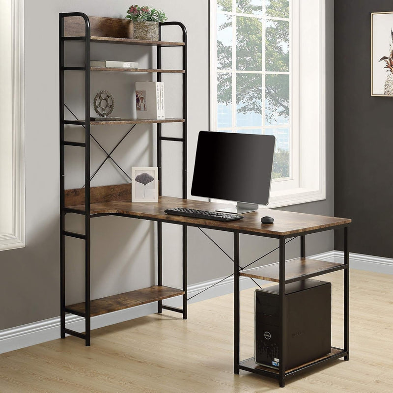 DANGRUUT Modern Industrial Home Office Computer Desk with 5 Tier Storage Shelves, 54 Inch Study Writing Table PC Workstation with Bookshelves & Metal Frame & Wood & Adjustable Foot Pads (Black)