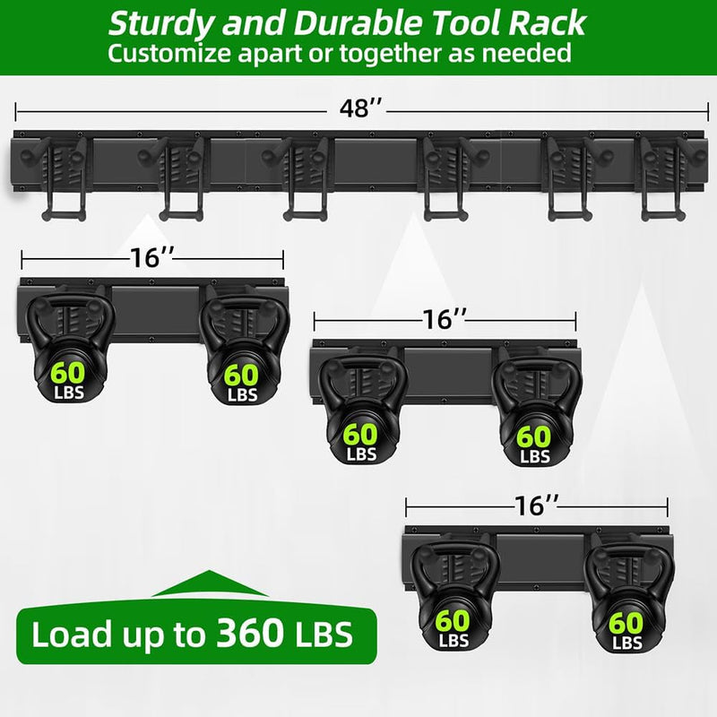 Garage Organization, Garage Tool Organizer Wall Mount with 48 Inches Rails and 6 Double-Layer Hooks, Garden Tool Rack Heavy Duty, Garage Hanging Storage Rack for Yard Tools, Shovel, Shed